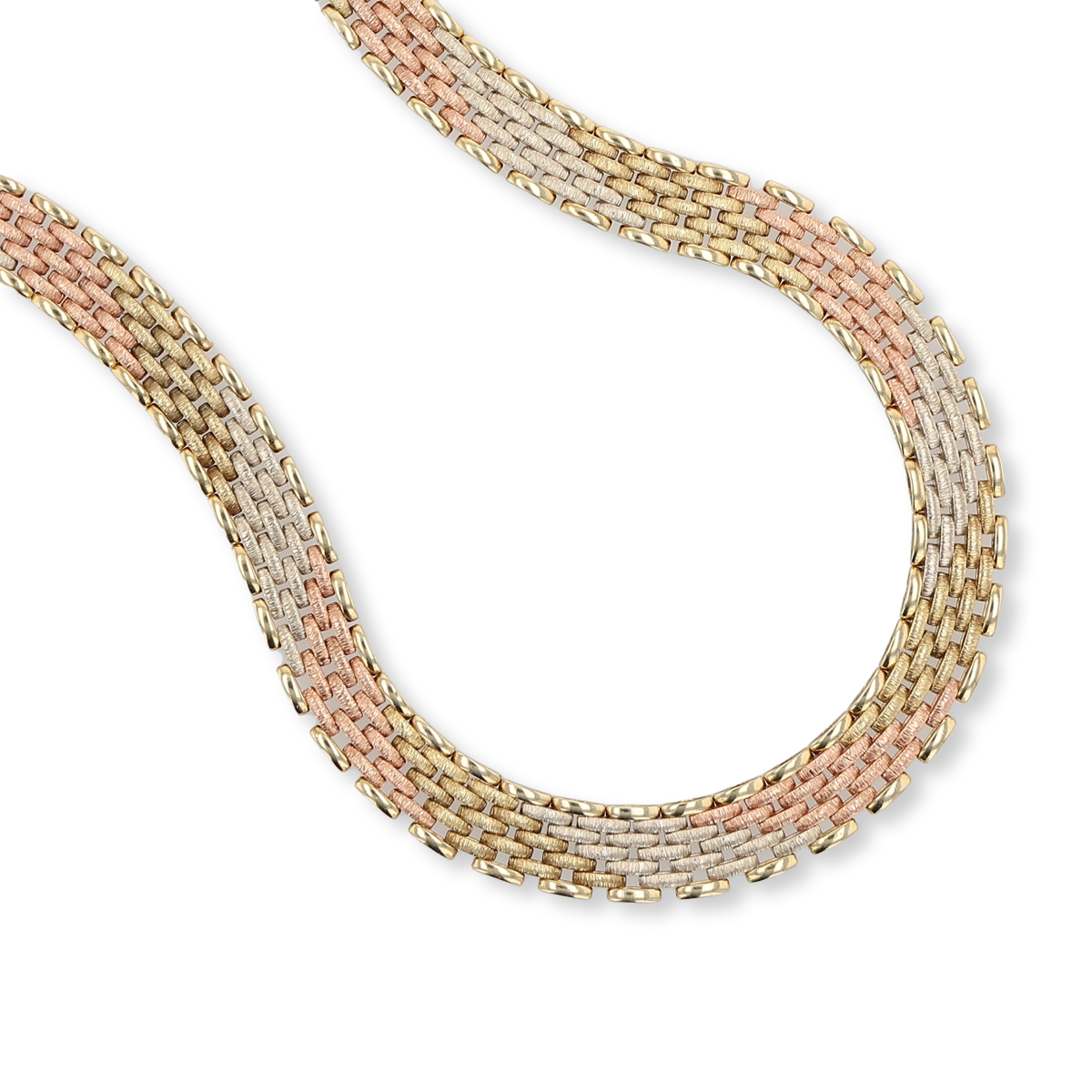 A 9ct three colour gold collar necklace, at widest point 1.5cm, length  41cm, weight 19.7gms